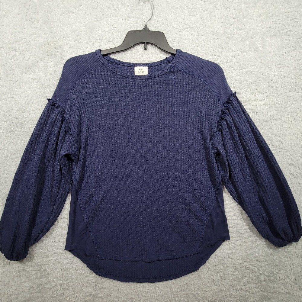 Knox Rose Shirt Womens XS Blue Waffle Knit Long Ballon Sleeve